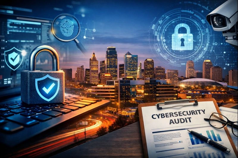 Cybersecurity audit concept with cityscape background.