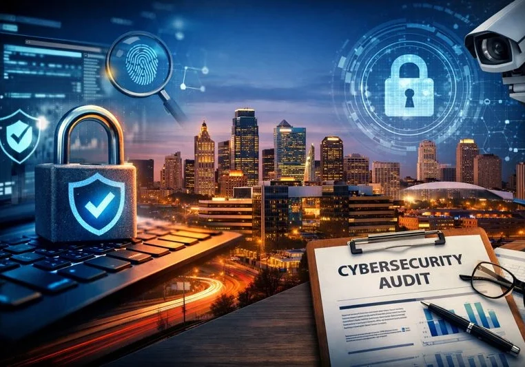 Cybersecurity audit concept with cityscape background.